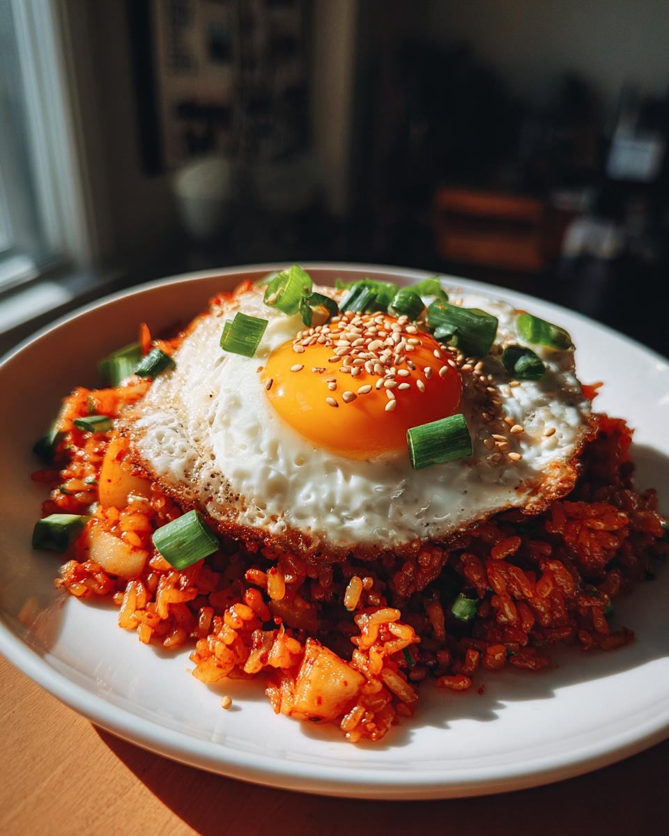 A close-up of vibrant kimchi fried rice topped with a sunny-side-up egg, sesame seeds, and green onions.
