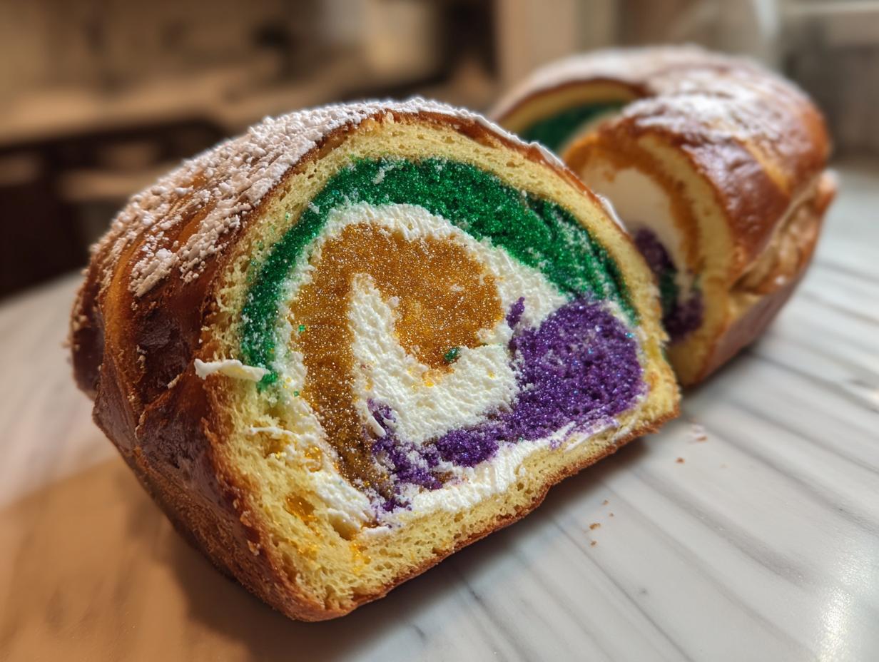 Close-up of a slice of king cake showing the colorful swirl of green, gold, and purple filling and icing.