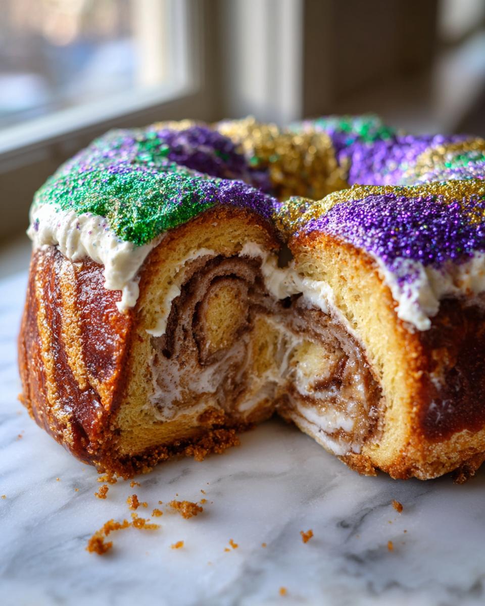 A cross-section view of a delicious king cake showing the swirled filling and purple, green, and gold sprinkles.