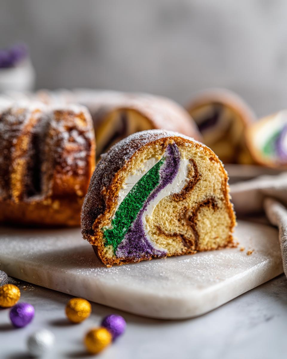 Close-up of a slice of king cake showing vibrant green and purple filling layers and powdered sugar dusting.