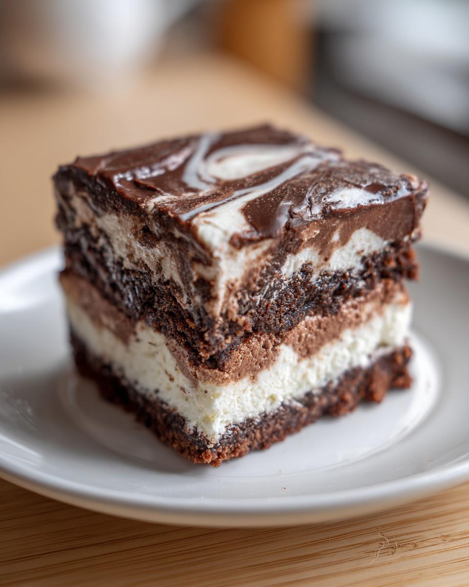 A rich, layered slice of brownie refrigerator cake featuring dark chocolate, white cream, and a marbled fudge topping.