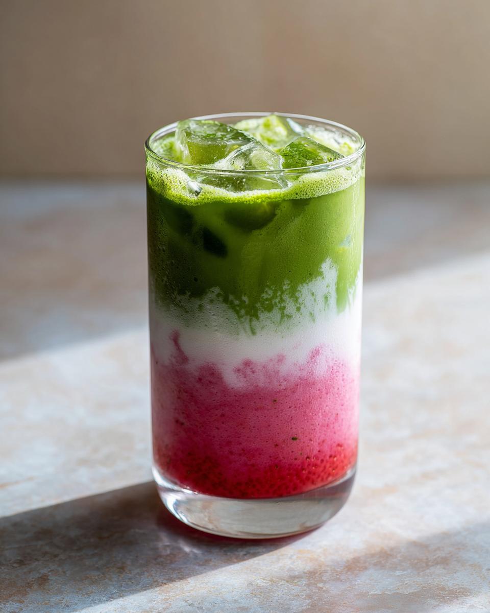 Close-up of a tall glass showing the distinct layers of a strawberry matcha drink: bright red strawberry puree, white milk, and vibrant green iced matcha.