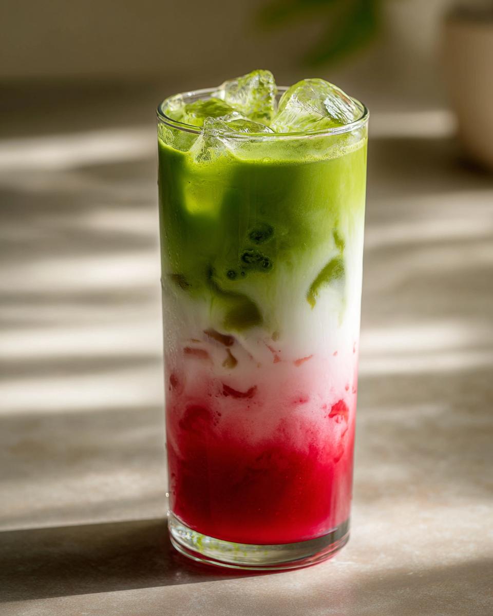 A tall glass showing distinct layers of red strawberry puree, white milk, and green matcha tea, topped with ice cubes in a strawberry matcha.
