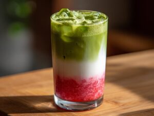 A tall glass showing the beautiful layers of a strawberry matcha drink: red strawberry puree, white milk, and green iced matcha.