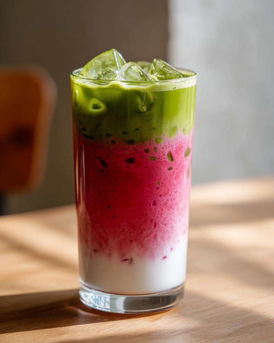 A tall glass showing three distinct layers of a strawberry matcha drink: white milk at the bottom, bright pink strawberry mixture in the middle, and green matcha tea on top with ice.