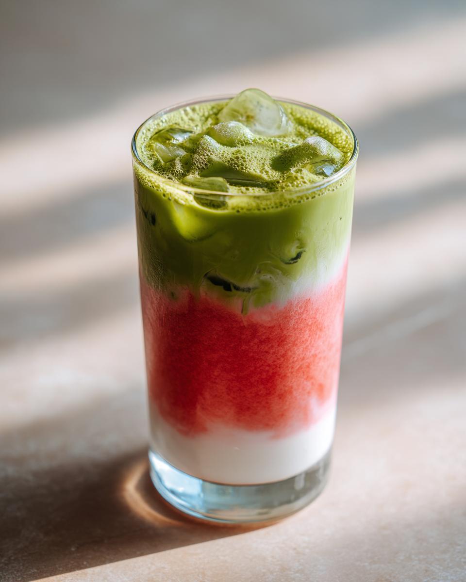 Close-up of a vibrant, layered strawberry matcha drink with ice, showing green matcha on top, red strawberry puree, and white milk at the bottom.