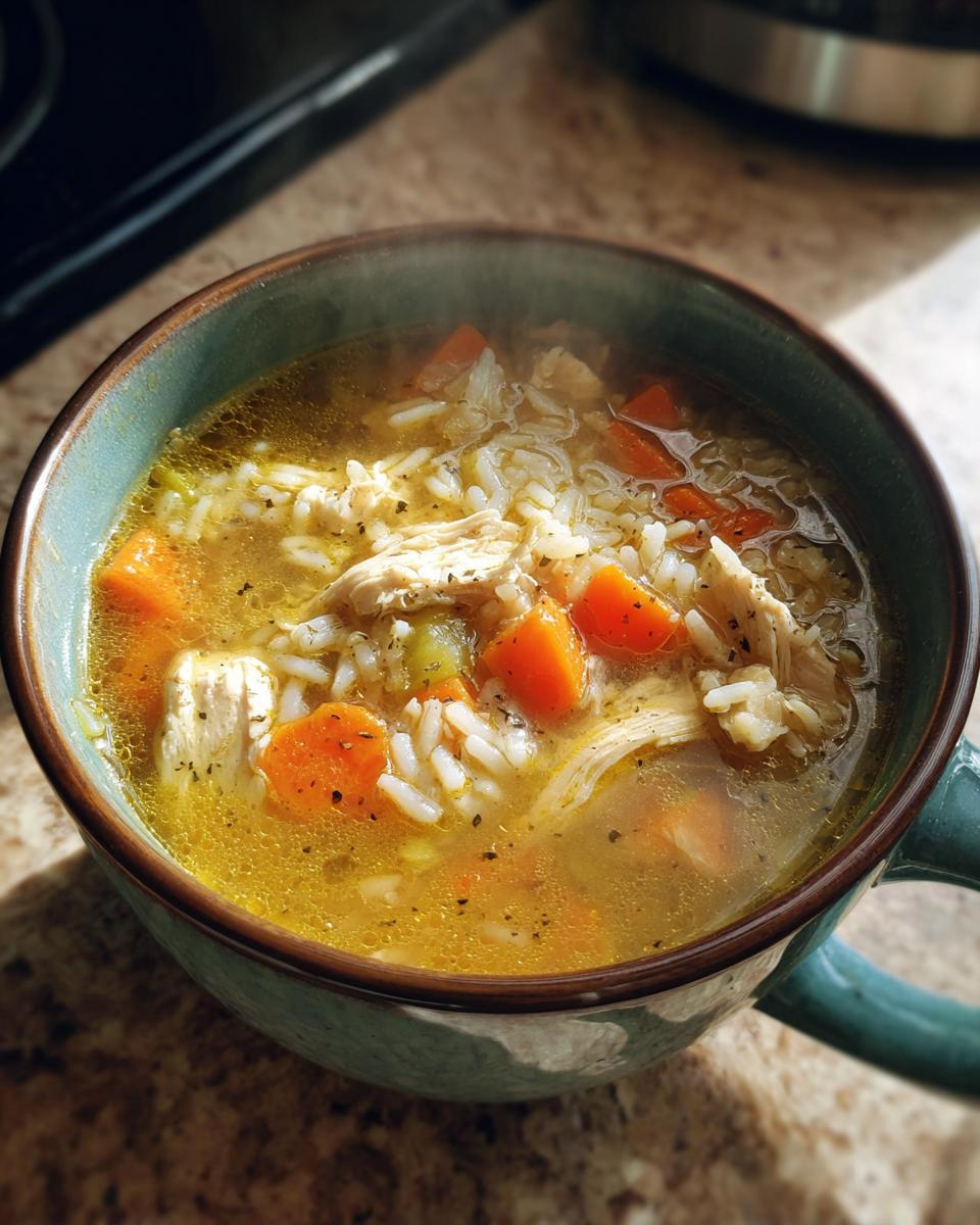 Close-up of steaming Lemon Ginger Turmeric Chicken and Rice Soup with shredded chicken, rice, and bright orange carrots in a teal mug.