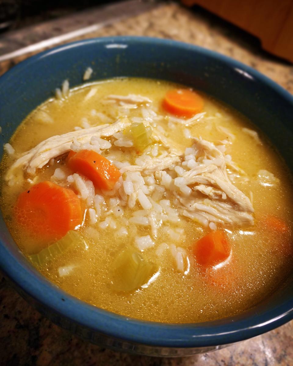 Close-up of a blue bowl filled with Lemon Ginger Turmeric Chicken and Rice Soup, showing shredded chicken, rice, carrots, and celery.