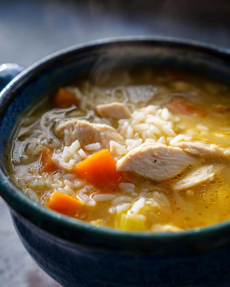 Close-up of steaming Lemon Ginger Turmeric Chicken and Rice Soup with chunks of chicken, rice, and carrots in a blue bowl.