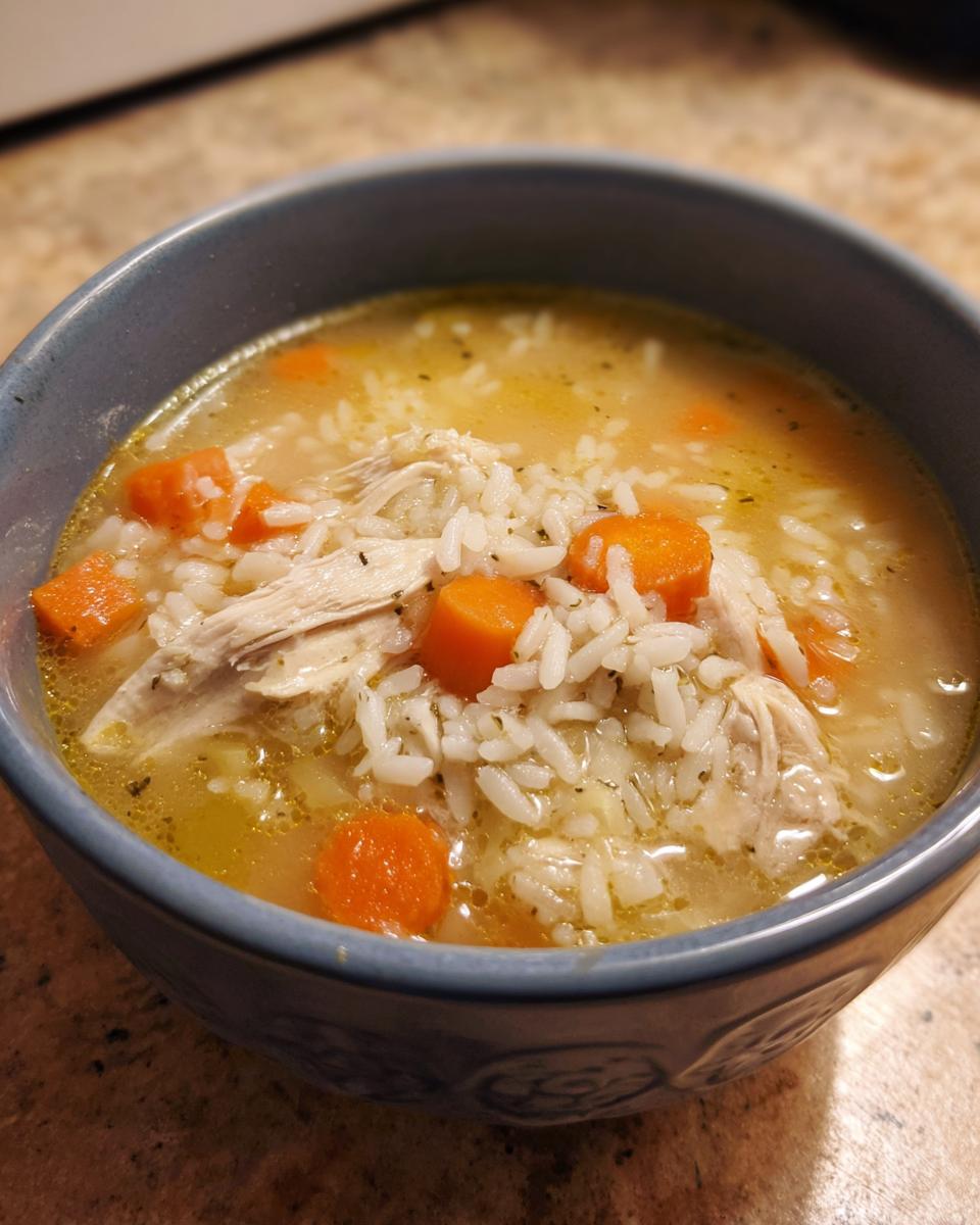 Close-up of a blue bowl filled with Lemon Ginger Turmeric Chicken and Rice Soup, showing shredded chicken, white rice, and bright orange carrots.