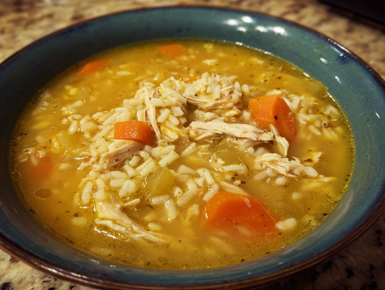 Close-up of a vibrant bowl of Lemon Ginger Turmeric Chicken and Rice Soup with shredded chicken, rice, and carrots.