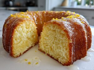 A slice cut from a bundt-shaped lemon olive oil cake, topped with a shiny glaze and lemon zest.