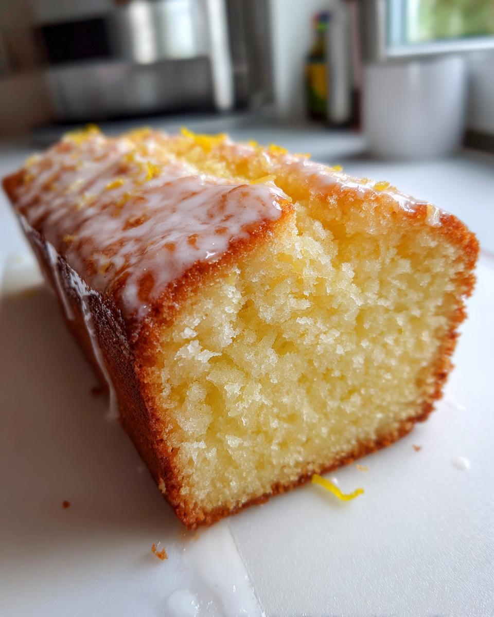 Close-up of a freshly baked lemon olive oil cake loaf with a white glaze and lemon zest topping.