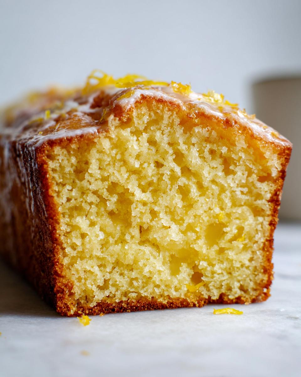 Close-up of a moist slice of lemon olive oil cake showing the crumb texture, topped with a white glaze and lemon zest.