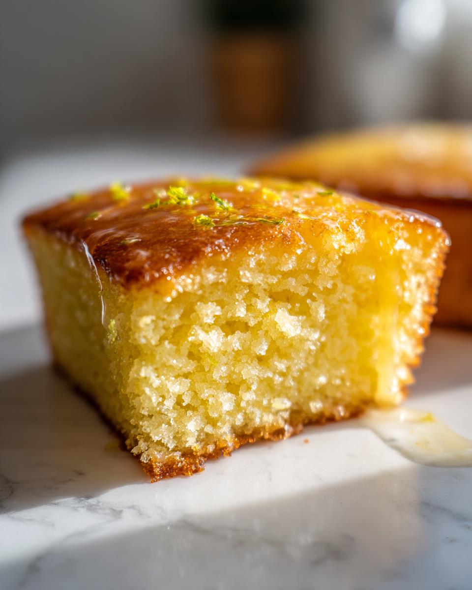 Close-up of a moist slice of lemon olive oil cake topped with a shiny glaze and zest.