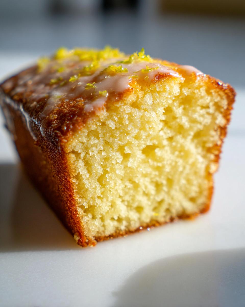 A moist slice of lemon olive oil cake showing its crumb, topped with a light glaze and bright yellow lemon zest.