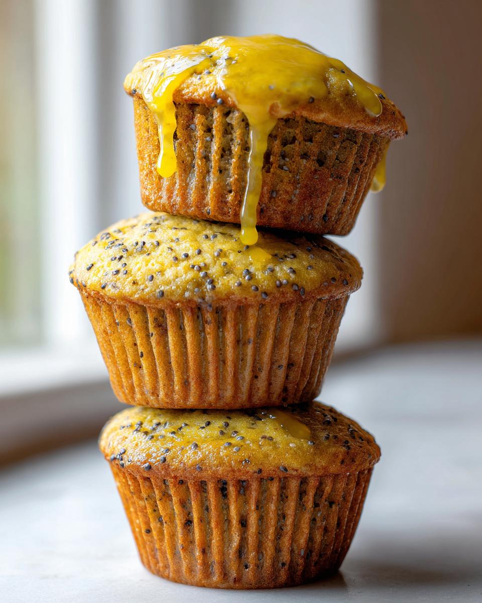 Three freshly baked lemon poppy seed muffins stacked vertically, topped with a bright yellow lemon glaze dripping down.