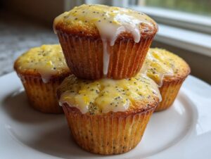 A stack of three moist lemon poppy seed muffins topped with a thick, dripping lemon glaze and zest.