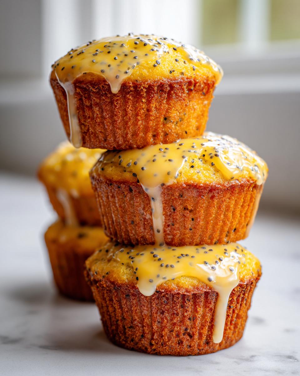 A stack of three golden lemon poppy seed muffins topped with a thick, dripping lemon glaze and poppy seeds.