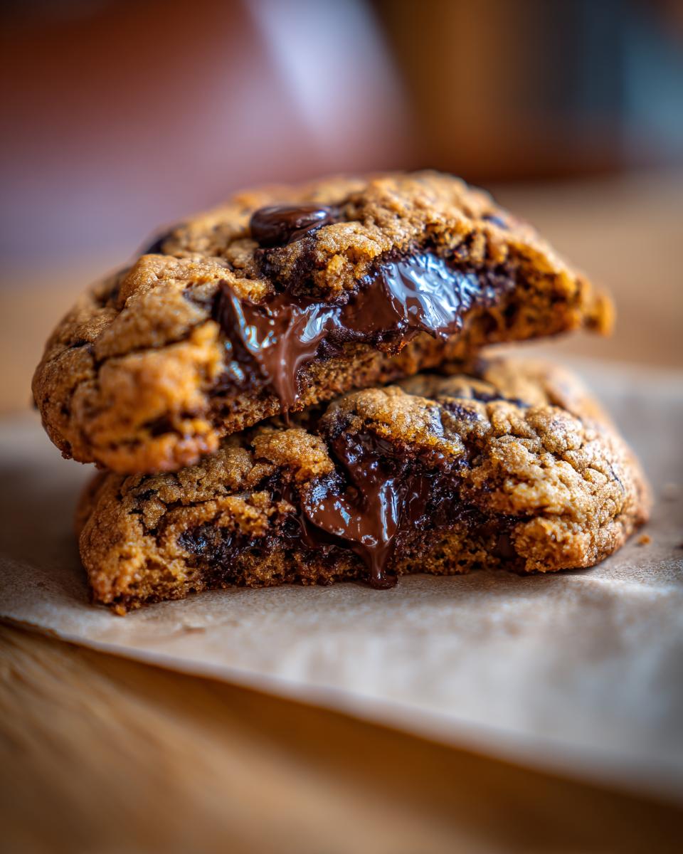 Two halves of a thick levain bakery chocolate chip cookies stacked, showing molten, gooey chocolate center dripping out.