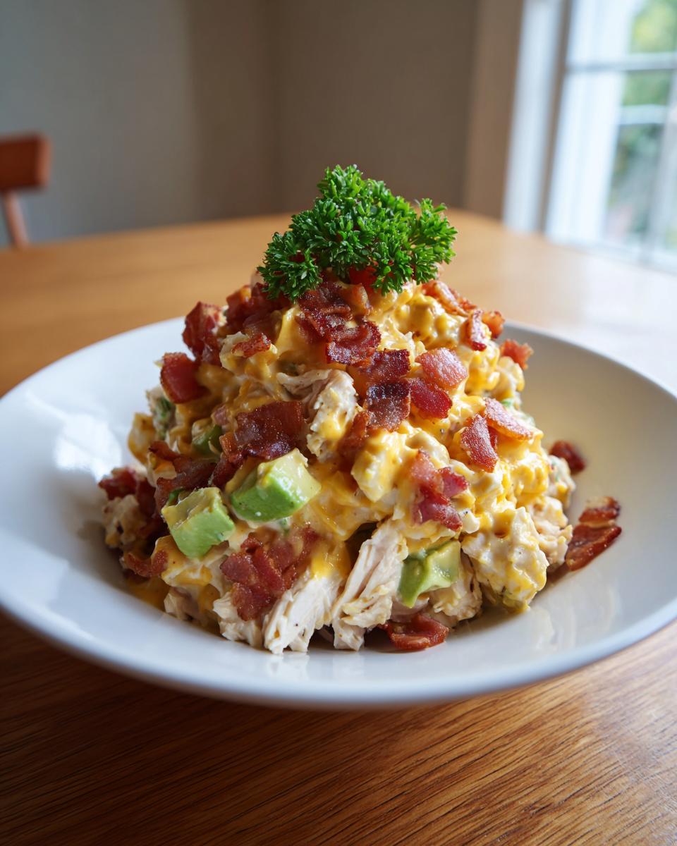 A mound of creamy honey mustard chicken salad topped generously with crispy bacon bits, avocado chunks, and parsley.