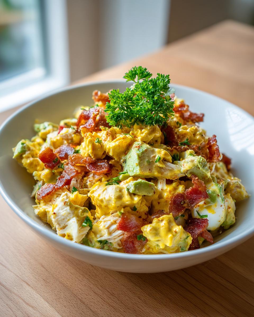 A bowl of rich honey mustard chicken salad mixed with avocado chunks and topped with crispy bacon bits and parsley.