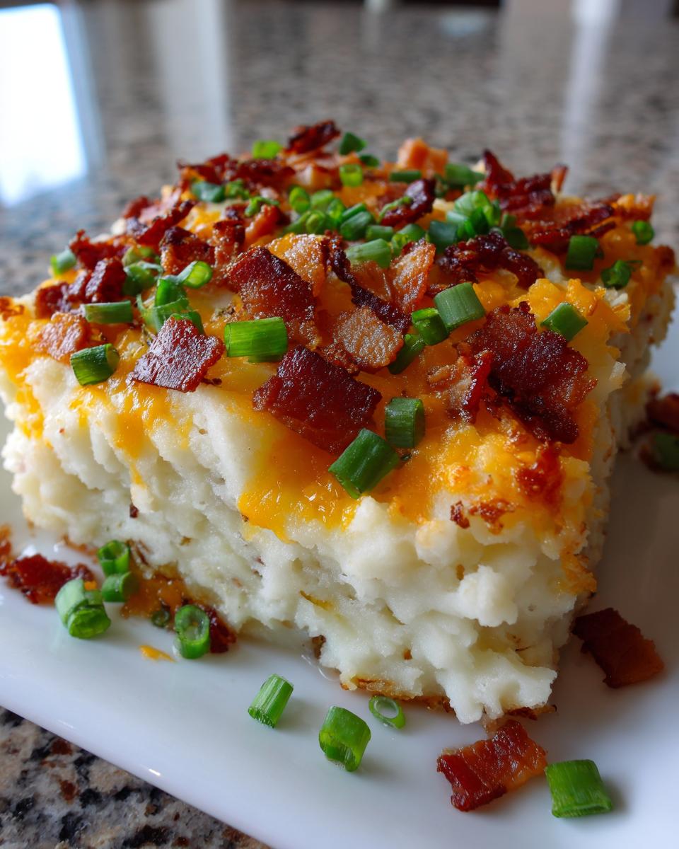 A thick slice of creamy loaded mashed potatoes topped with melted cheddar cheese, crispy bacon bits, and fresh green onions.