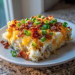 A generous serving of loaded mashed potatoes topped with melted cheddar cheese, crispy bacon bits, and fresh green onions.