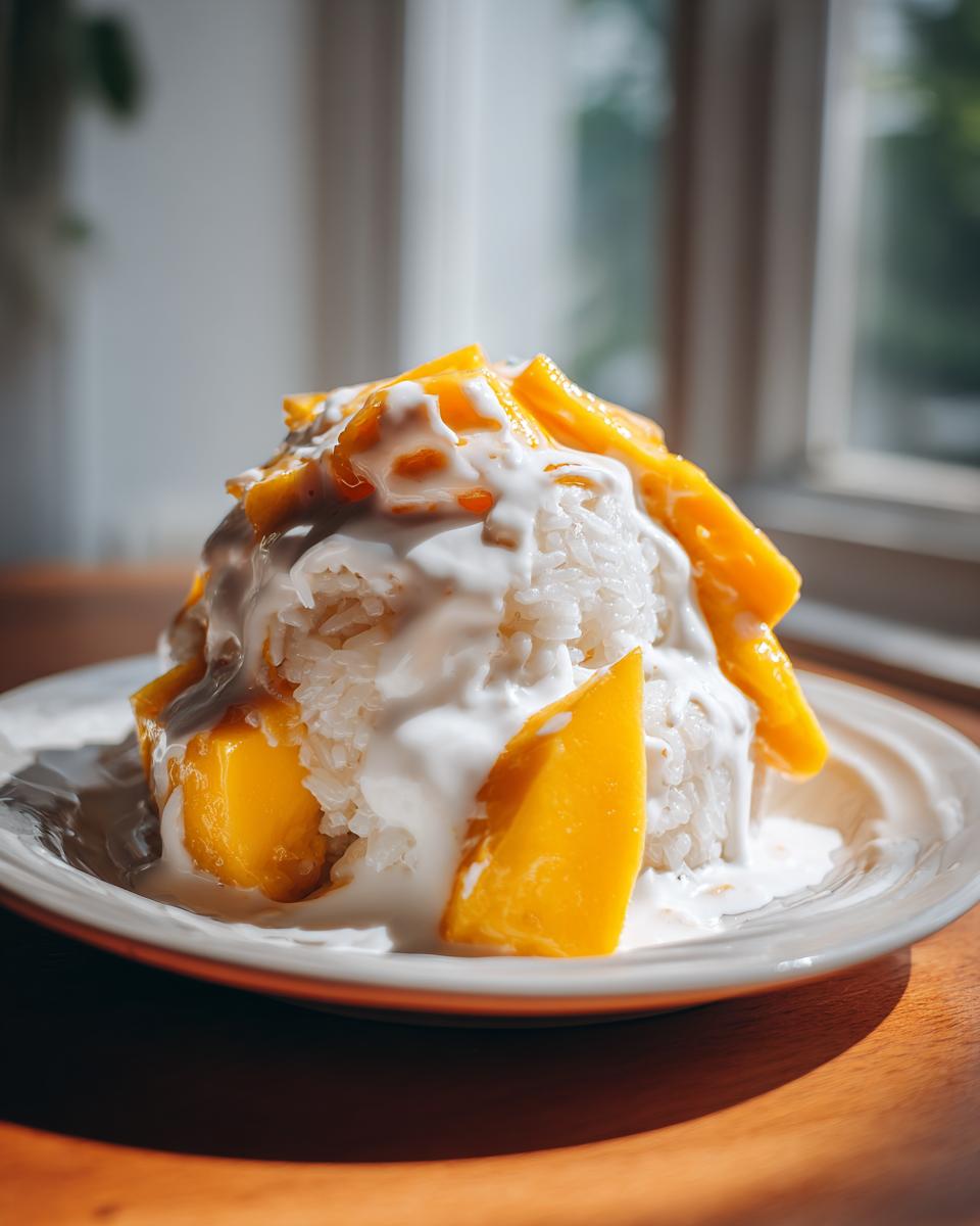 Close-up of a serving of mango sticky rice topped with rich coconut cream and bright yellow mango slices.