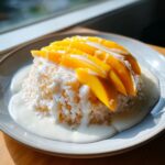 A serving of delicious mango sticky rice topped with sliced fresh mango and drizzled with coconut cream.