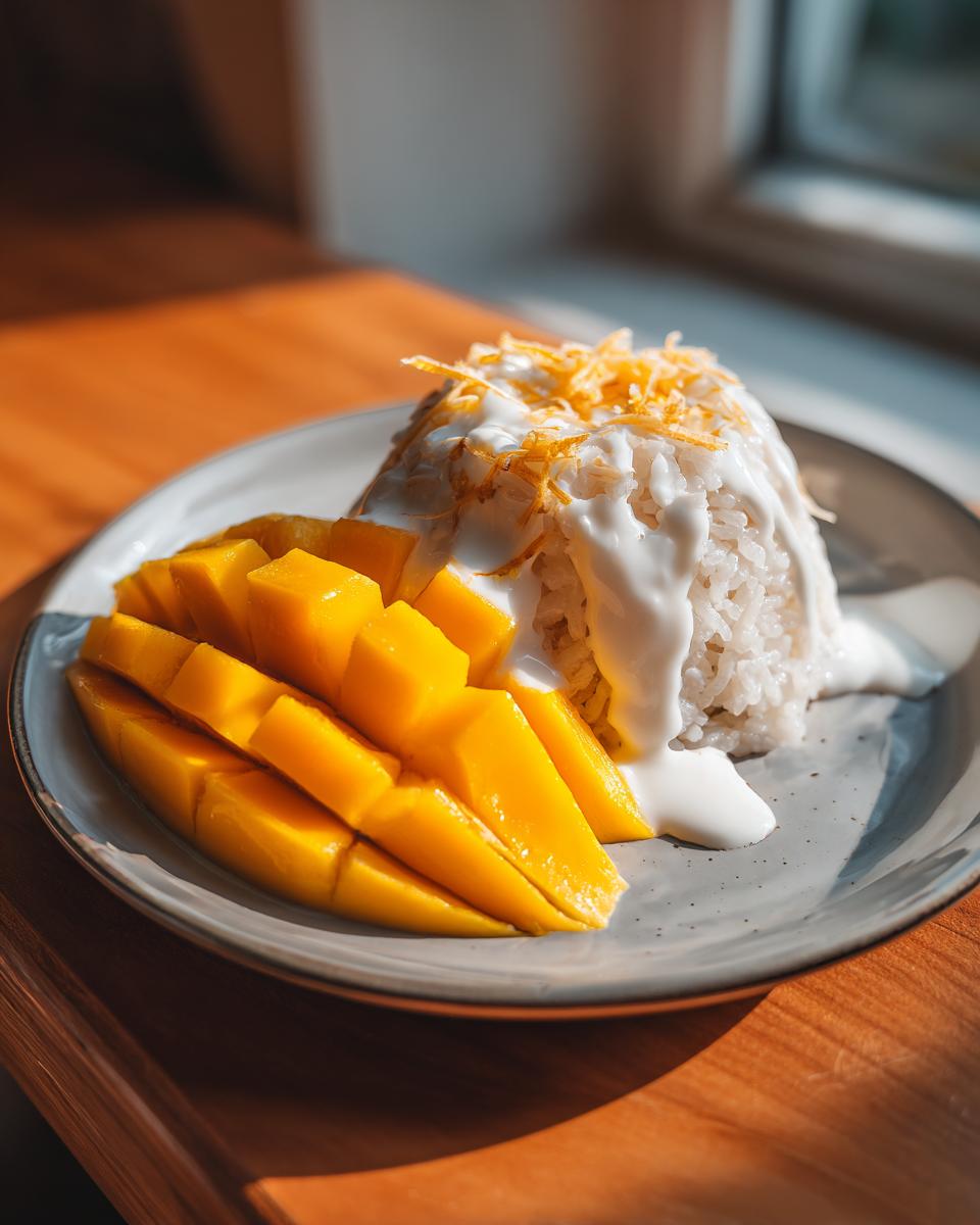A serving of mango sticky rice featuring sliced ripe mango next to sweet sticky rice topped with coconut cream.
