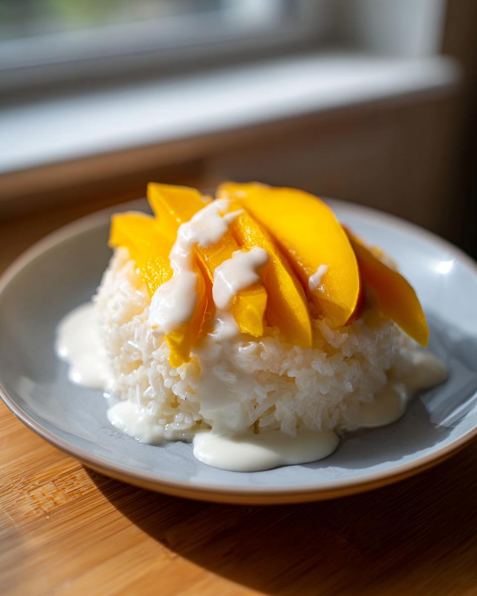 A serving of mango sticky rice topped with bright yellow mango slices and drizzled with sweet coconut cream.