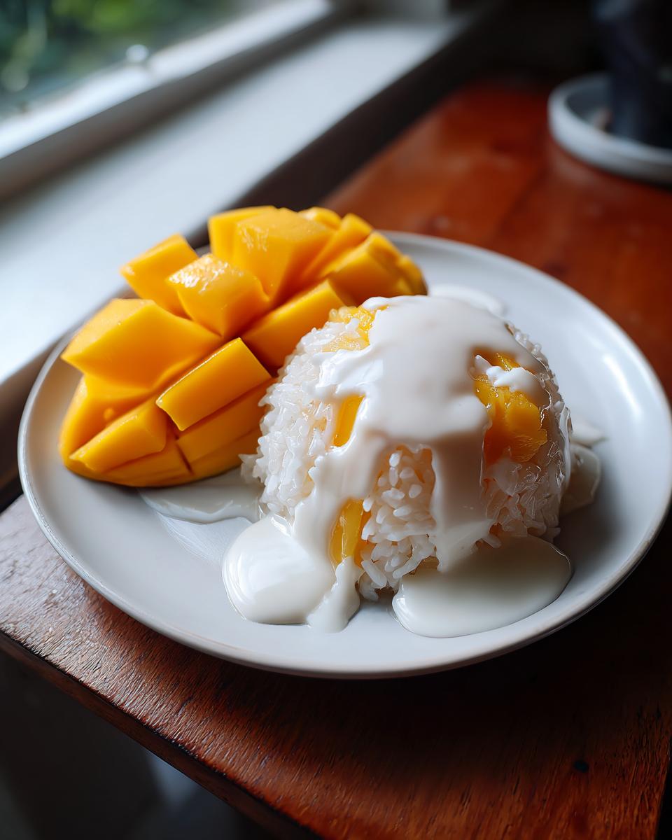 Close-up of delicious mango sticky rice served on a white plate with sliced mango and rich coconut cream.