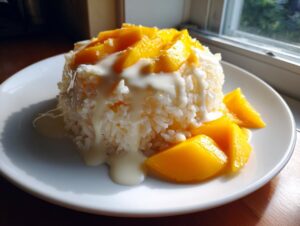 A serving of vibrant mango sticky rice topped with sweet coconut cream sauce, placed near a window.