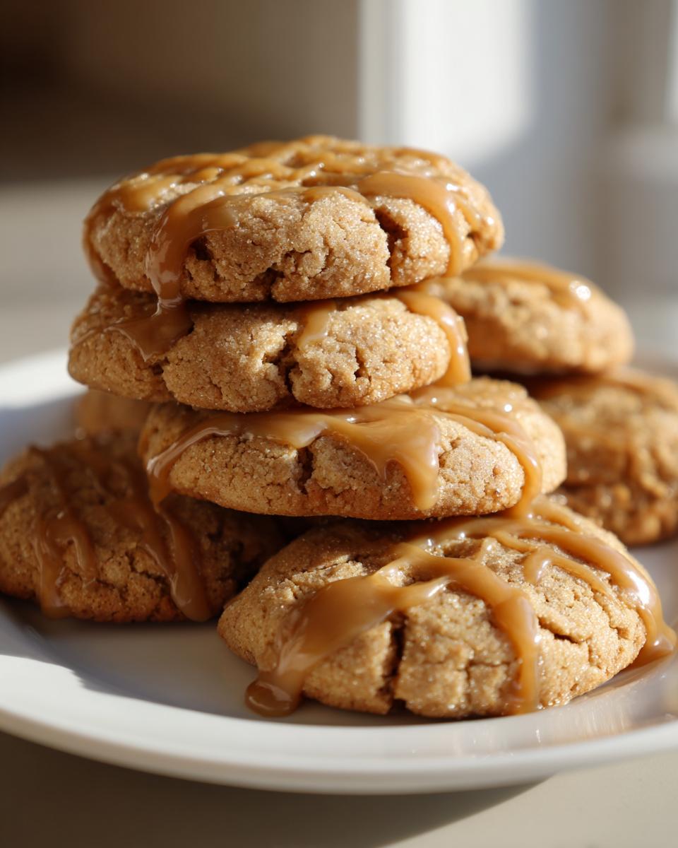 A stack of soft maple brown sugar cookies drizzled generously with thick caramel sauce.