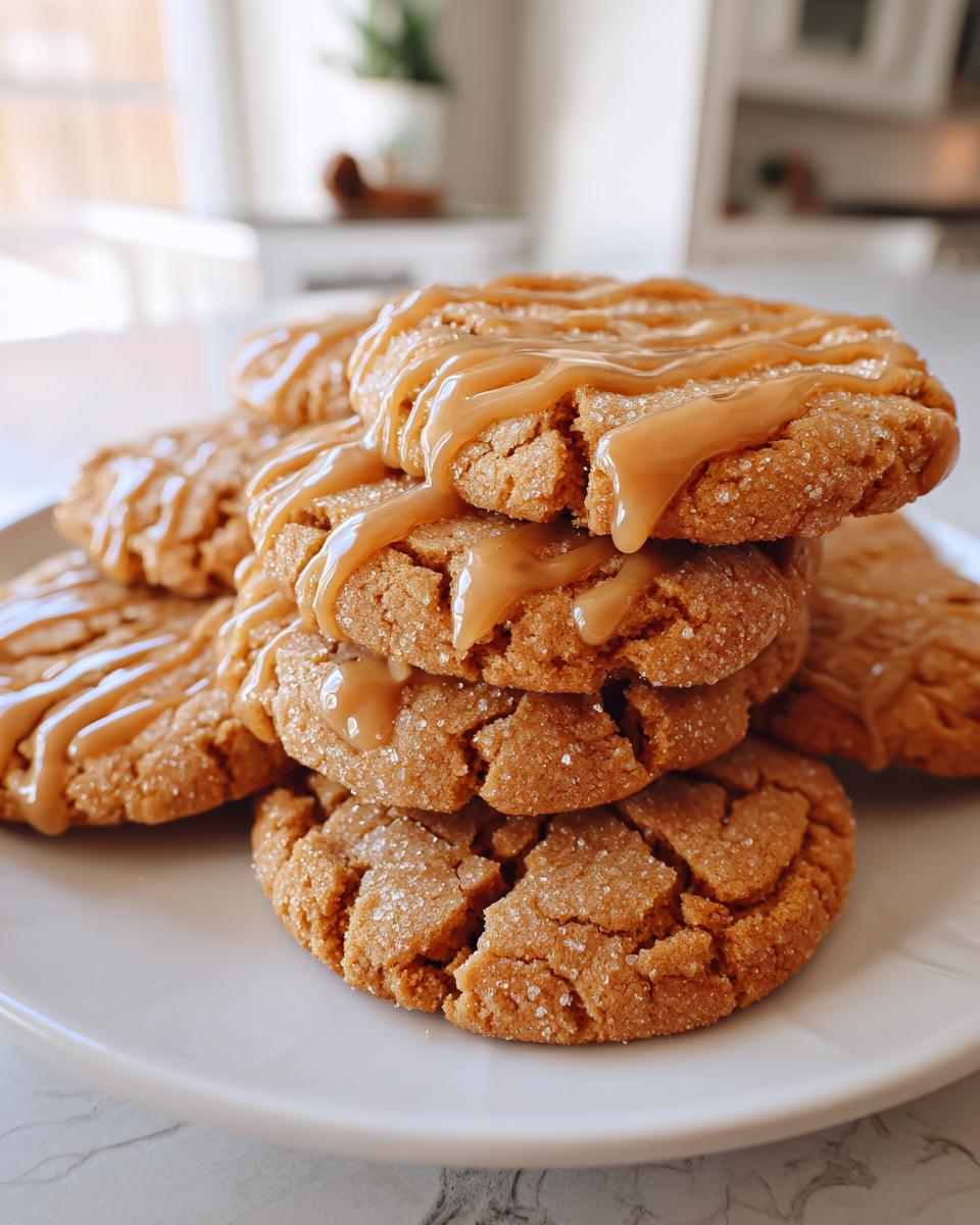 A stack of soft, crackled maple brown sugar cookies drizzled generously with caramel sauce on a white plate.