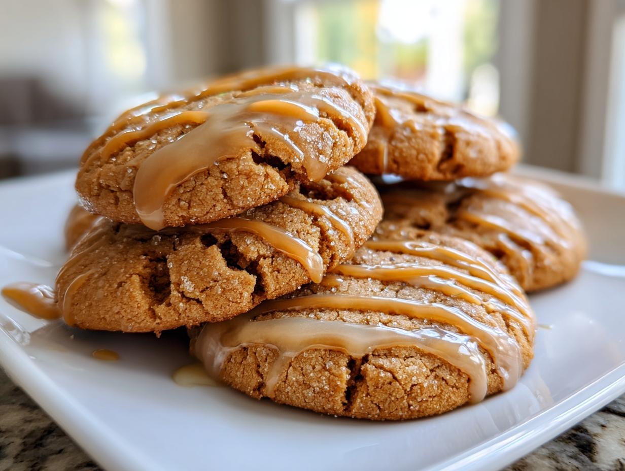 A stack of soft maple brown sugar cookies topped with a generous drizzle of caramel glaze.