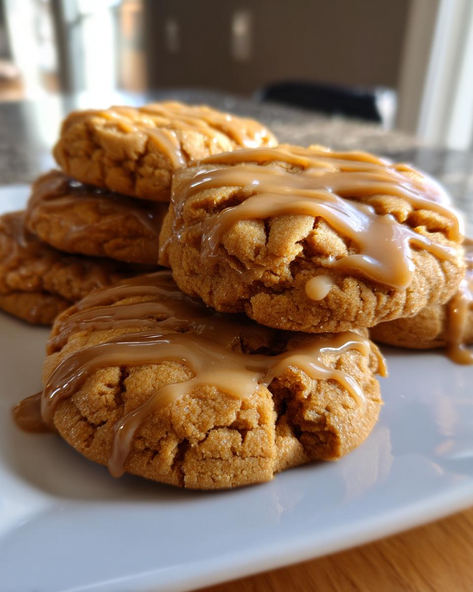 Close-up of stacked maple brown sugar cookies topped with a thick caramel drizzle.