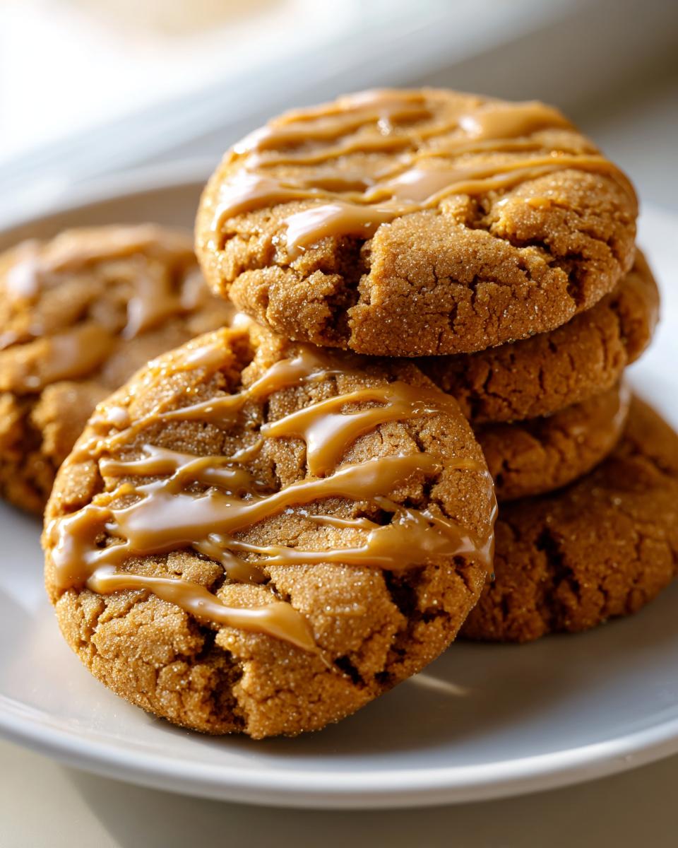 Close-up of a stack of soft maple brown sugar cookies drizzled with a thick, glossy caramel-colored glaze.