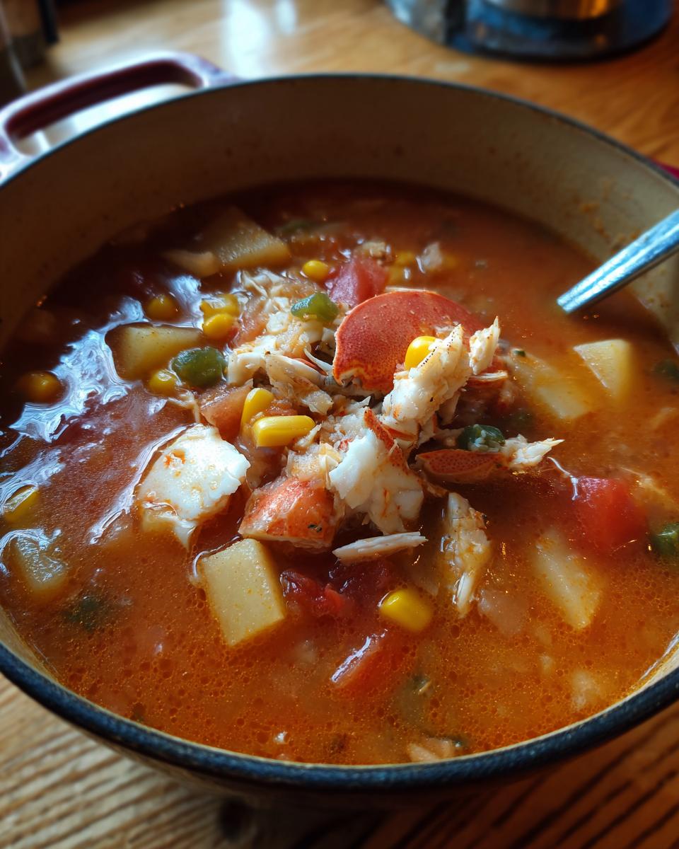 Close-up of rich, tomato-based Maryland crab soup filled with vegetables, corn, and large chunks of white crab meat.