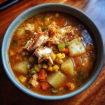 Close-up of a bowl of rich Maryland crab soup topped with visible chunks of lump crab meat, potatoes, corn, and vegetables.