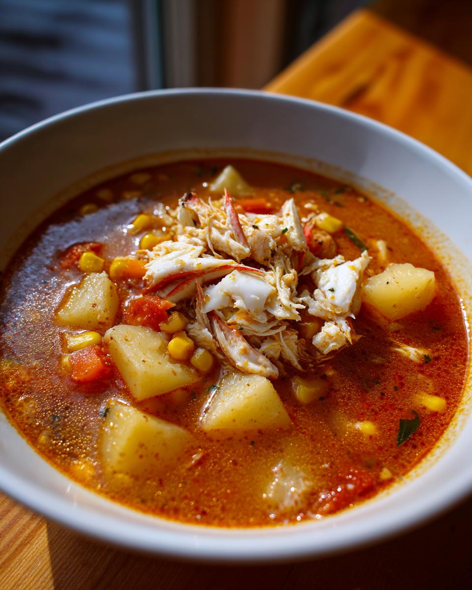 Close-up of a bowl of rich, reddish Maryland crab soup topped with generous flakes of white crab meat, potatoes, and corn.