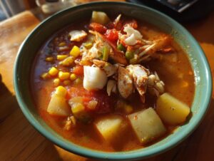A close-up, bright photo of a bowl of rich, tomato-based Maryland crab soup topped generously with white crab meat, corn, and potatoes.