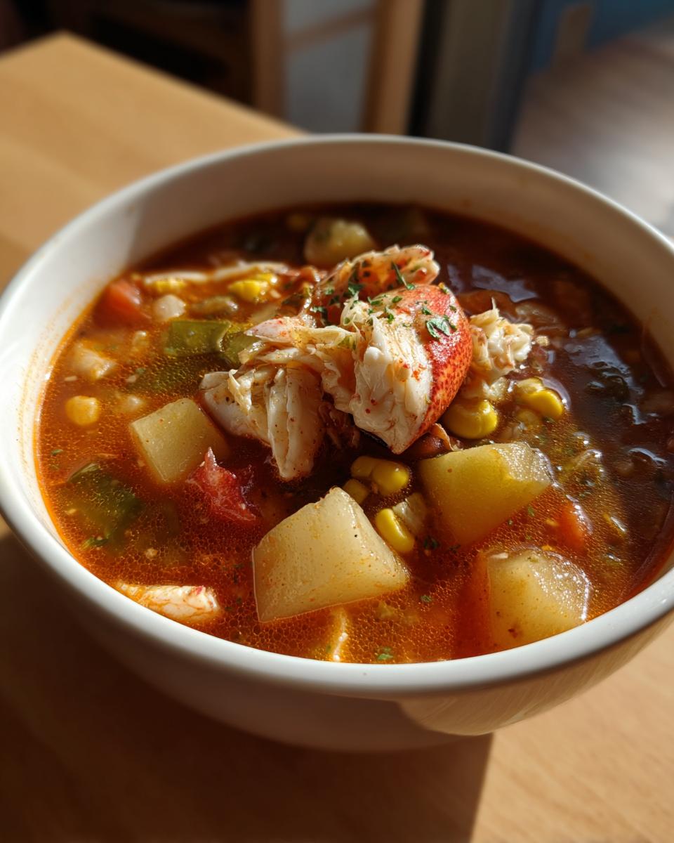 Close-up of a bowl of rich, red Maryland crab soup filled with potatoes, corn, and topped with large pieces of crab meat.