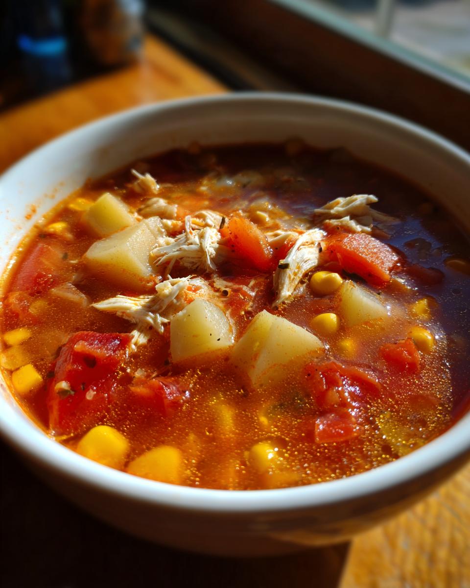 Close-up of a bowl of rich, red Maryland crab soup filled with potatoes, corn, tomatoes, and shredded chicken/crab.