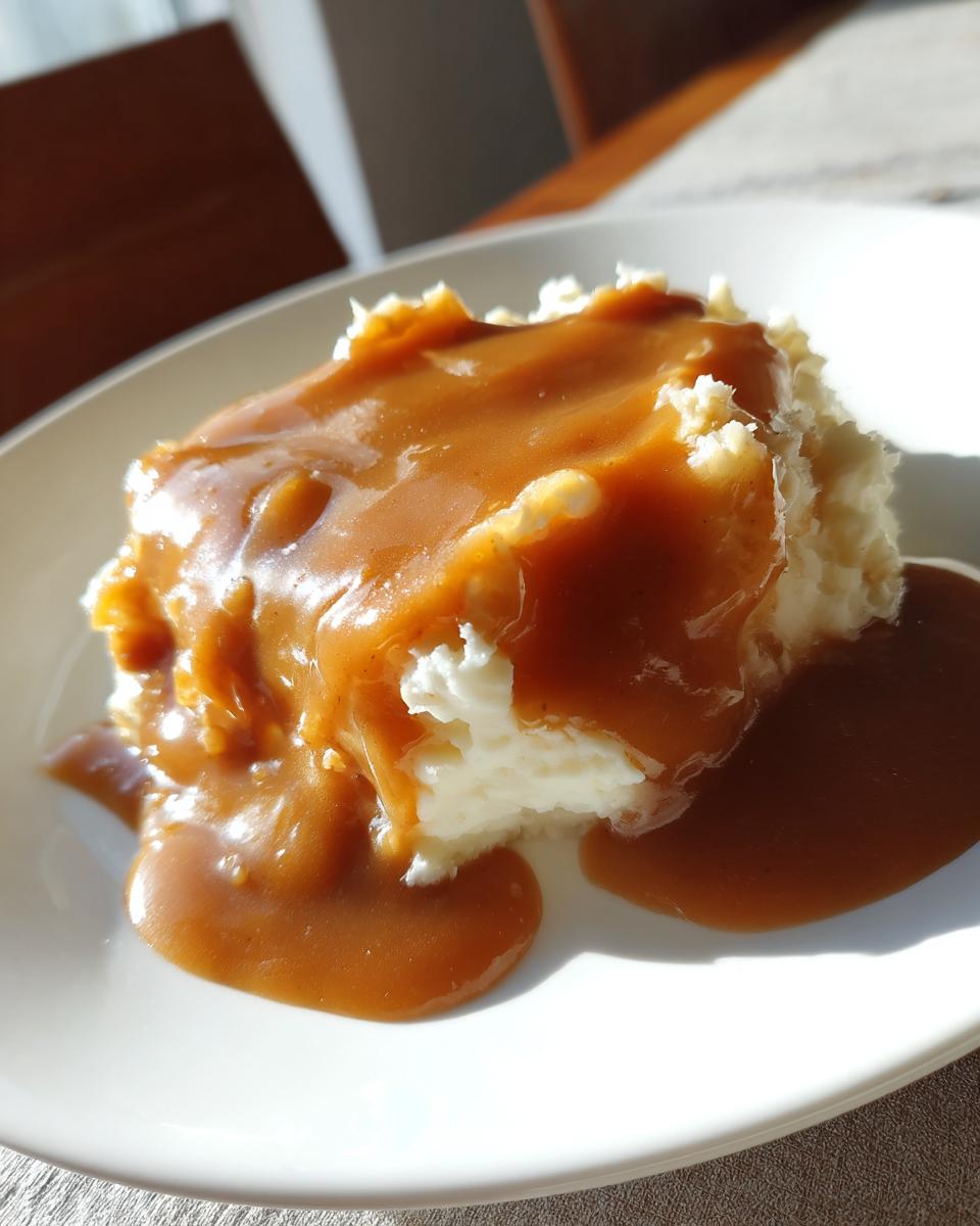 A generous serving of mashed potatoes smothered in rich, thick homemade brown gravy on a white plate.