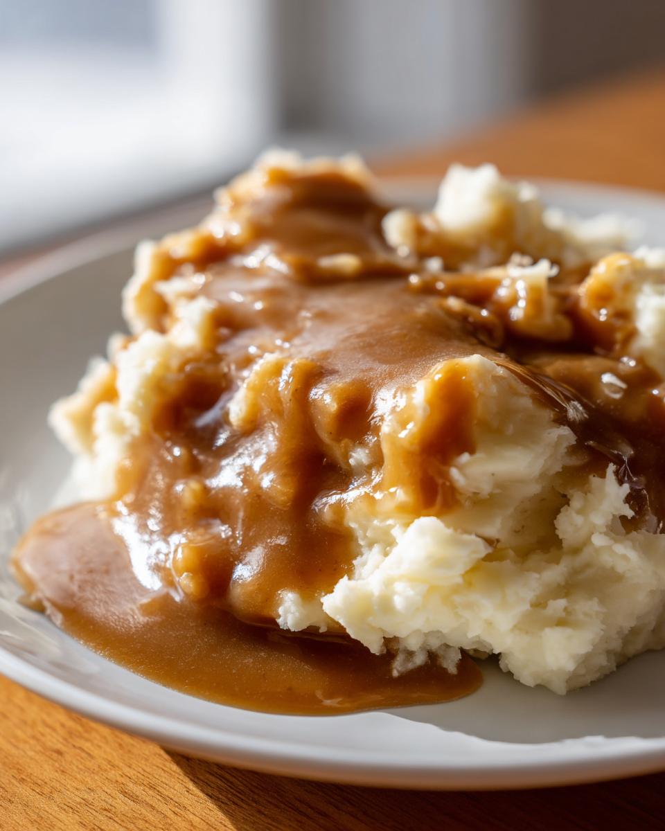 Close-up of creamy mashed potatoes generously topped with rich, glossy homemade brown gravy.