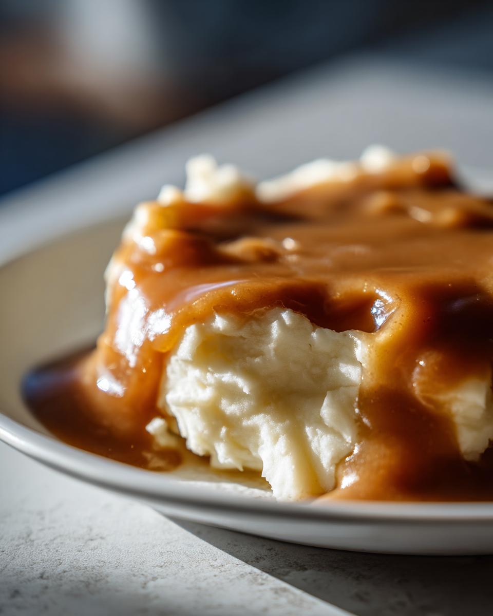 Close-up of creamy mashed potatoes generously topped with rich, glossy homemade brown gravy.