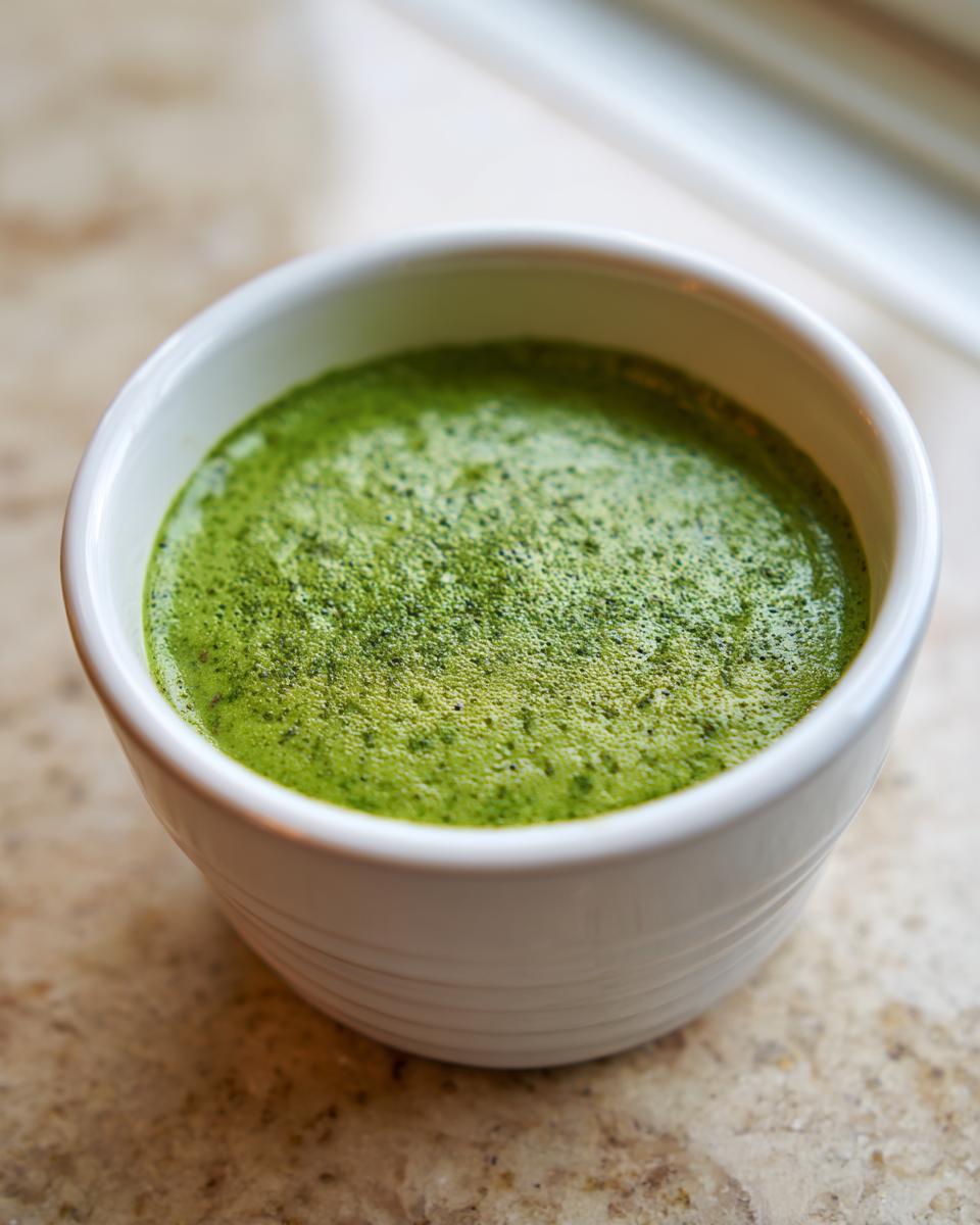 Close-up of vibrant green matcha chia pudding with a frothy top in a small white bowl.