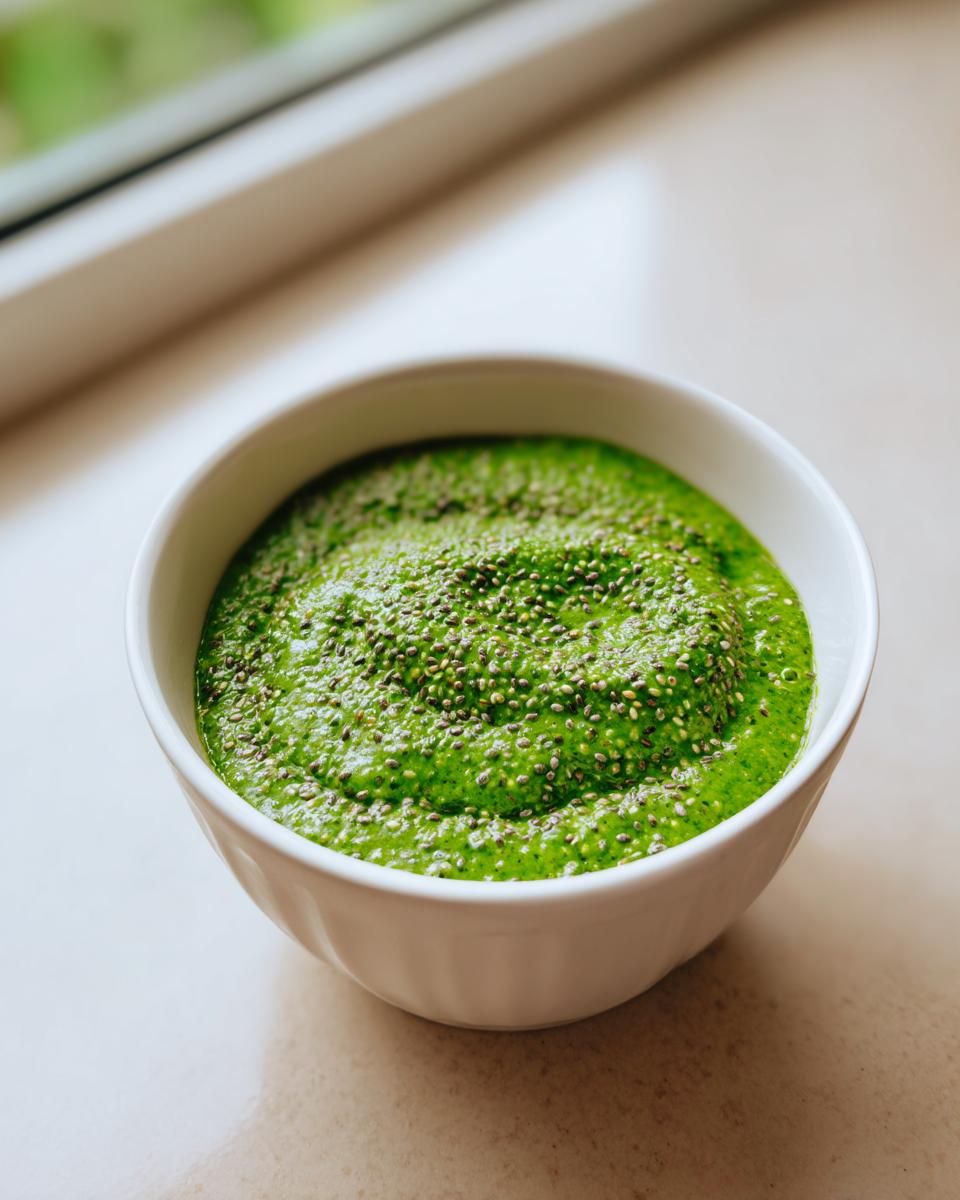 Close-up of creamy green matcha chia pudding topped with whole chia seeds in a white bowl.